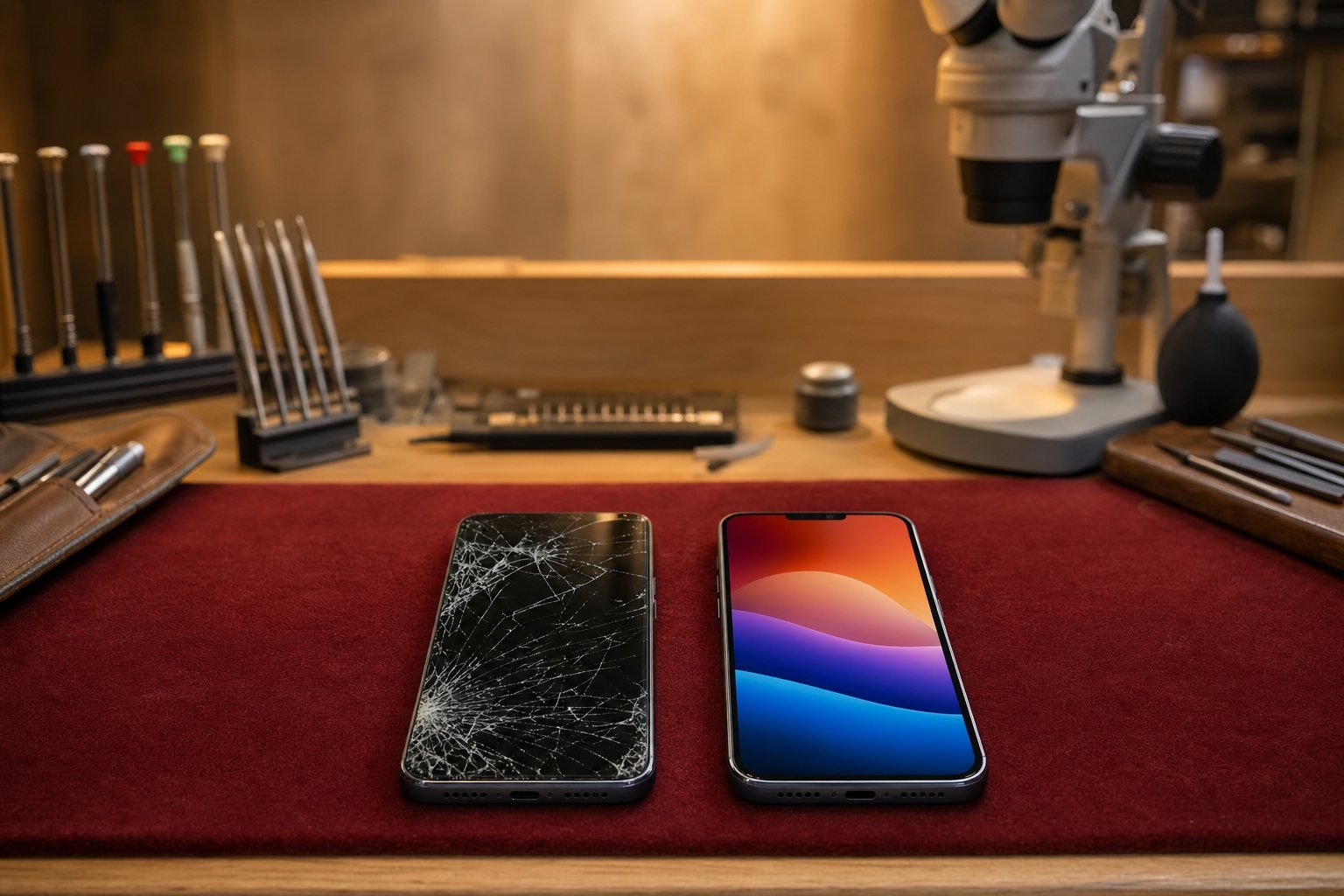 iPhone con la pantalla rota junto a otro ya reparado en el taller de iReparo en Lleida
