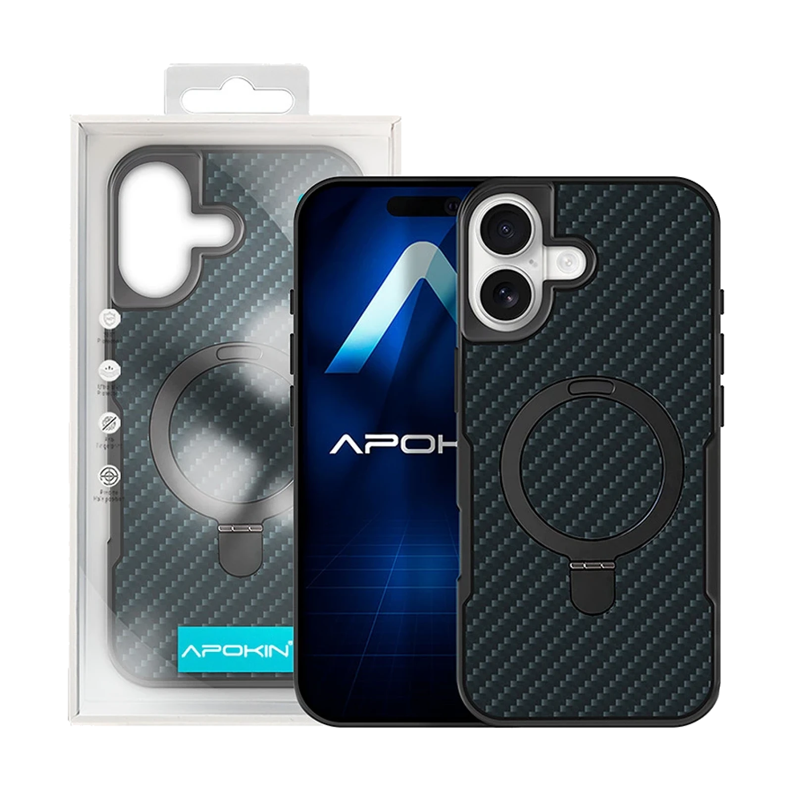Funda Carbono con Anilla y Soporte para Iphone 17