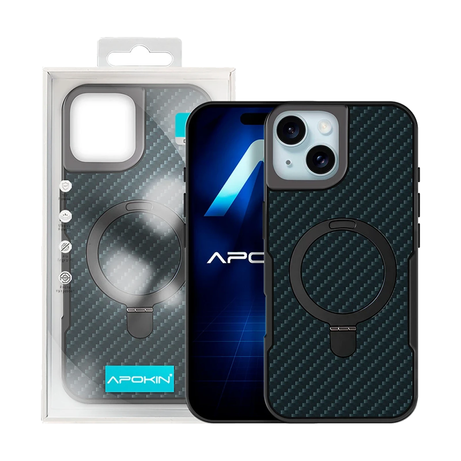 Funda Carbono con Anilla y Soporte para Iphone 15