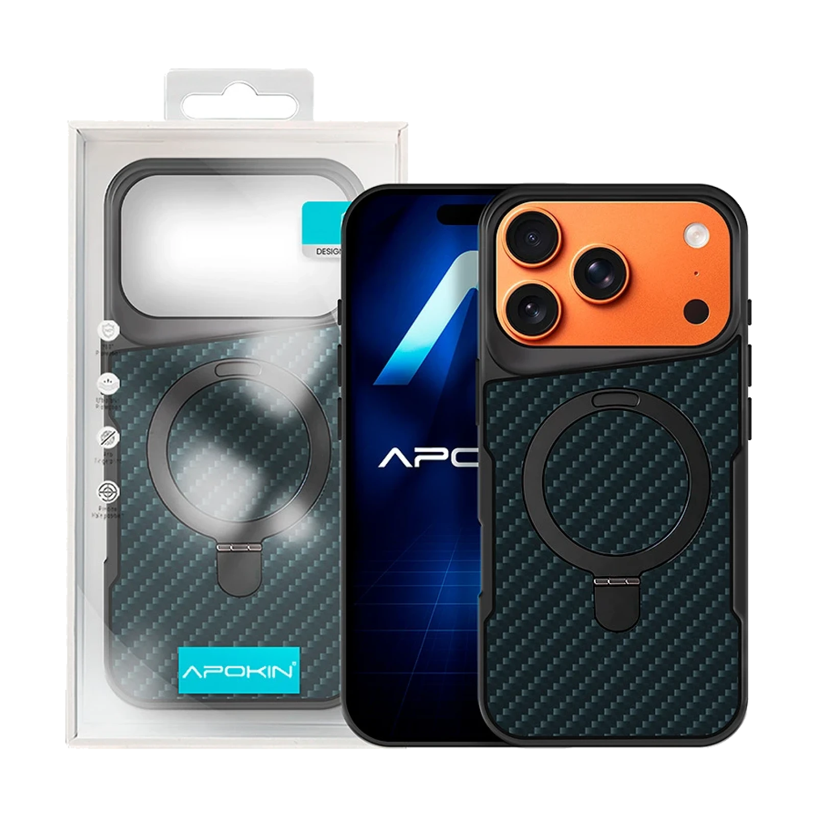 Funda Carbono con Anilla y Soporte para Iphone 17 Pro Max / 18 Pro Max