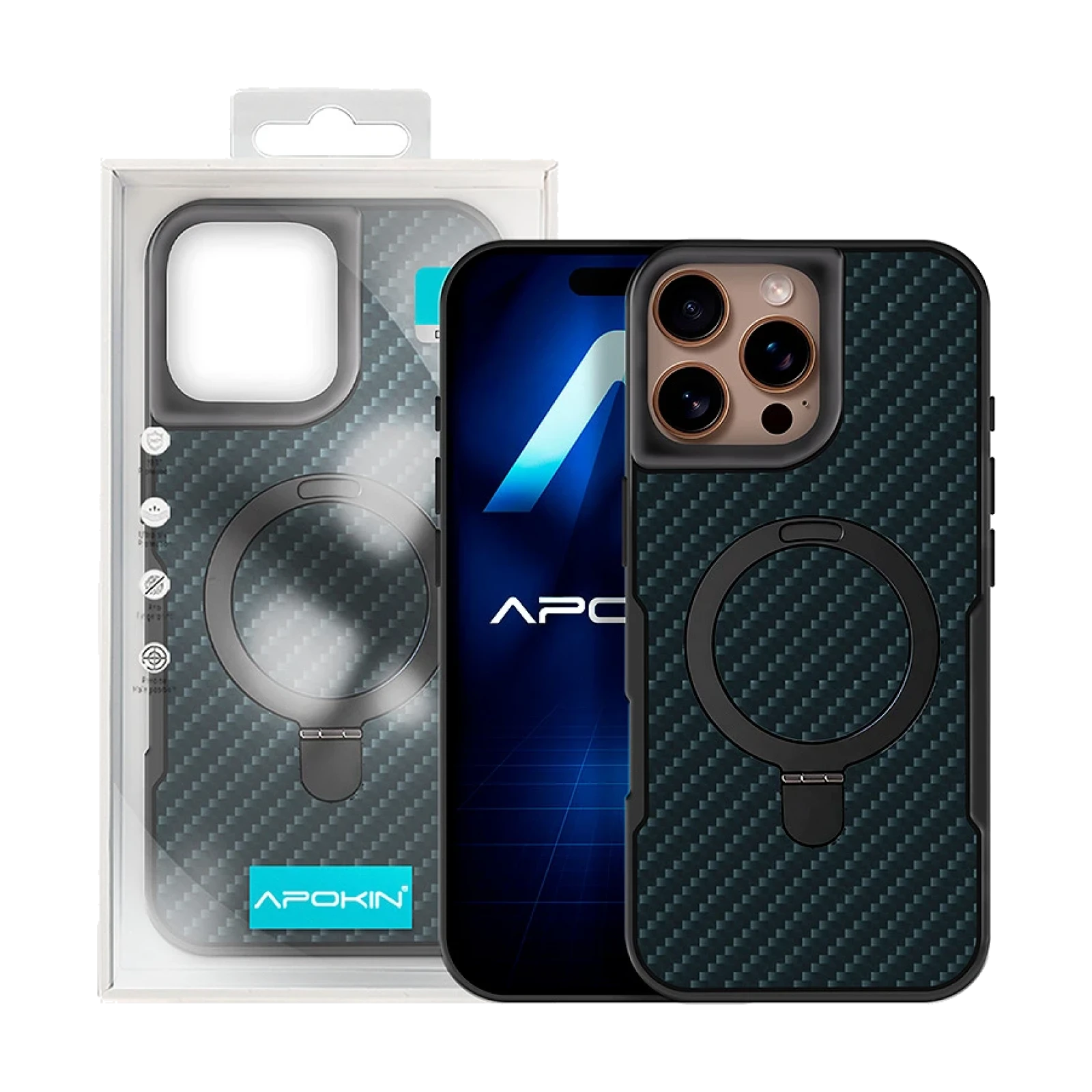 Funda Carbono con Anilla y Soporte para iPhone 16 Pro Max