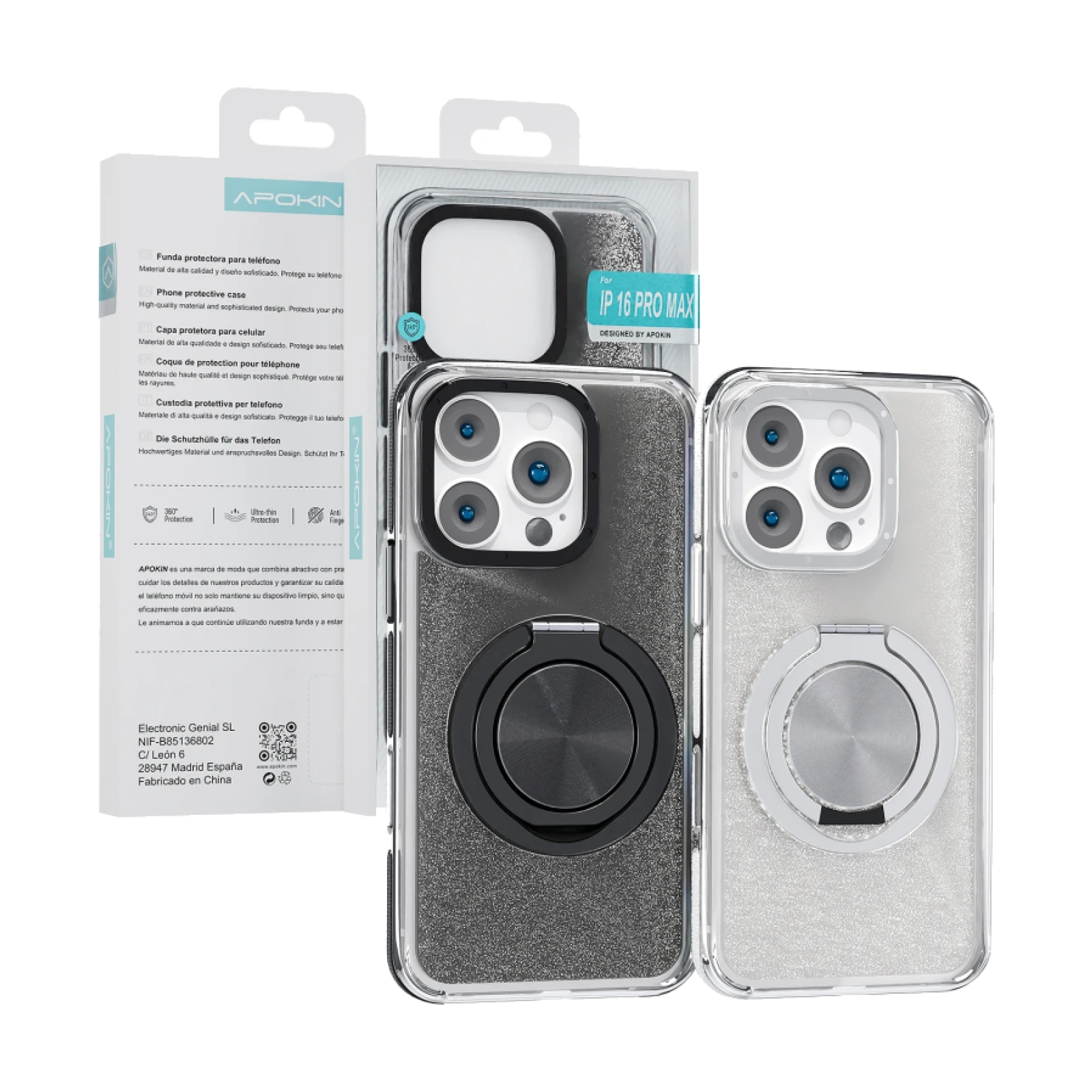 Funda Purpurina con Soporte 360 Apokin iPhone 16 Pro Max